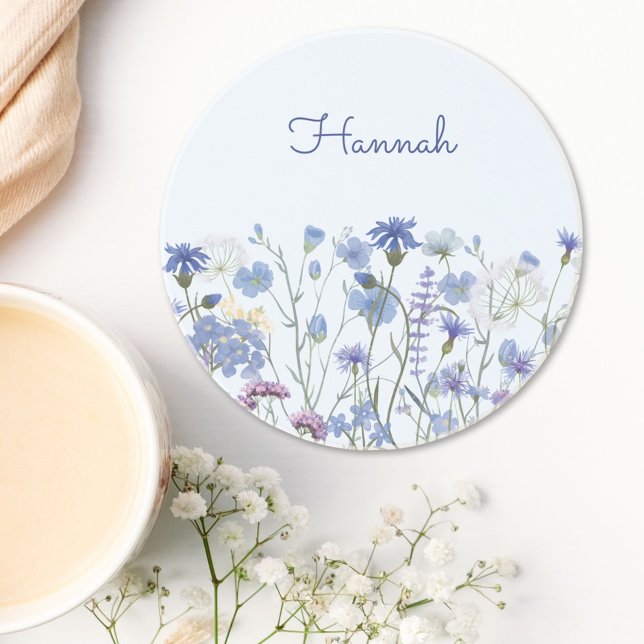 Monogrammed Blue Watercolor Wildflower Meadow Coaster (In situ)