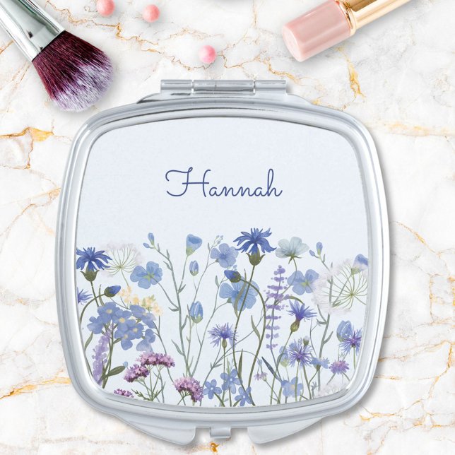Monogrammed Blue Watercolor Wildflower Meadow Compact Mirror (In situ)