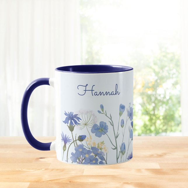 Monogrammed Blue Watercolor Wildflower Meadow Mug (In situ Kitchen table)