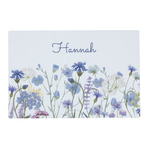 Monogrammed Blue Watercolor Wildflower Meadow Placemat