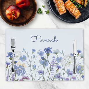 Monogrammed Blue Watercolor Wildflower Meadow Placemat