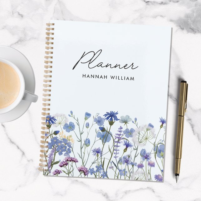 Monogrammed Blue Watercolor Wildflower Meadow Planner (In situ marble table)