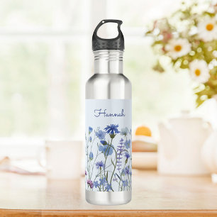 Monogrammed Blue Watercolor Wildflower Meadow Stainless Steel Water Bottle