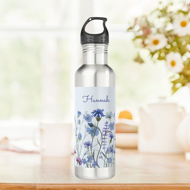 Monogrammed Blue Watercolor Wildflower Meadow Stainless Steel Water Bottle (In situ)
