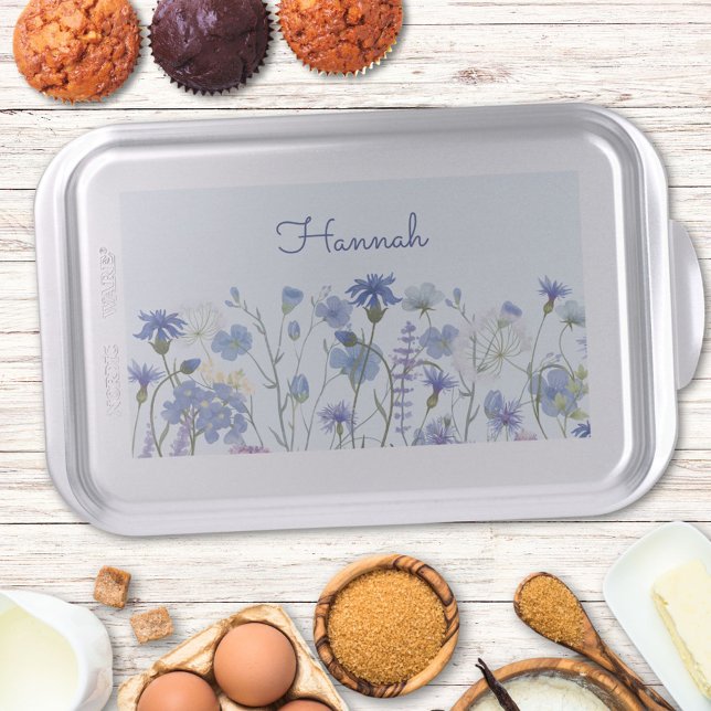 Monogrammed Blue Watercolor Wildflower Nursery Cake Pan (In situ kitchen table)