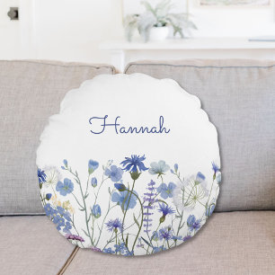 Monogrammed Blue Watercolor Wildflower Nursery Round Pillow