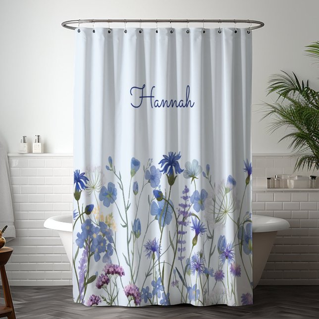 Monogrammed Blue Watercolor Wildflower Nursery Shower Curtain (In situ bathroom)