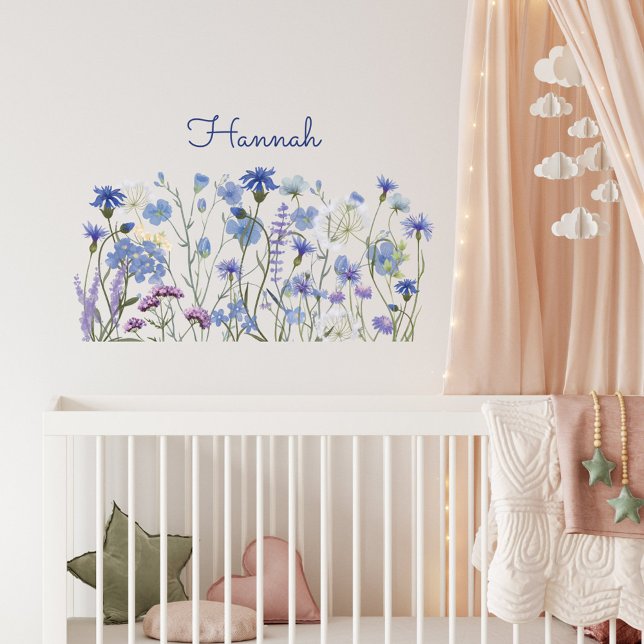 Monogrammed Blue Watercolor Wildflower Nursery Wall Decal (In situ Baby girl nursery room)