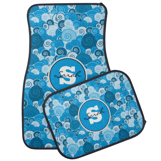 Monogrammed Blue Waves & Cute Ocean  Car Floor Mat (Set)