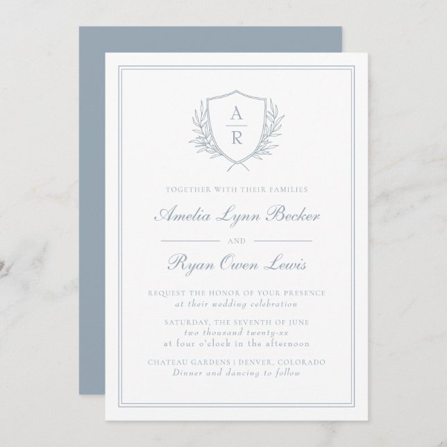 Monogrammed Blue Wedding Invitation (Front/Back)