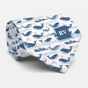 Monogrammed Blue Whales & Hearts in Waves Neck Tie