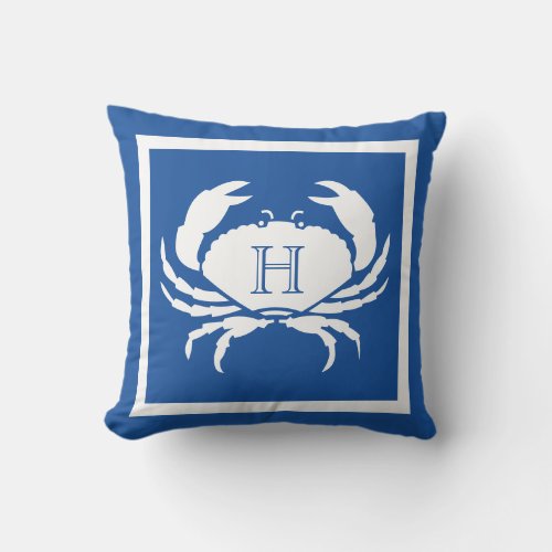 Monogrammed  Blue White Crab Nautical Outdoor Pill Outdoor Pillow