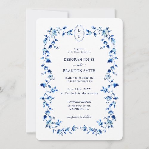 Monogrammed Blue  White Delft wedding Invitation