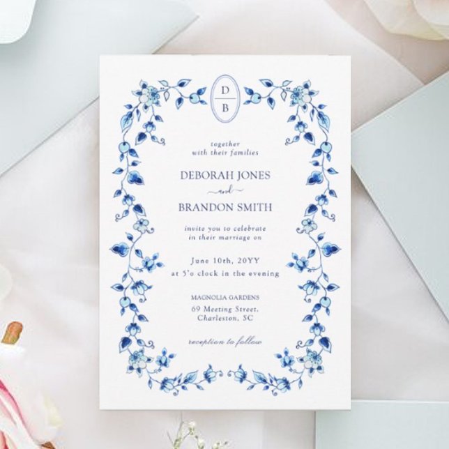 Monogrammed Blue & White Delft wedding Invitation (Creator Uploaded)