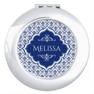 Monogrammed Blue & White Floral Damasks Mirror For Makeup