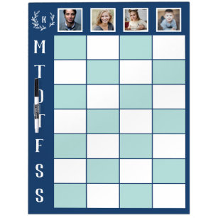 Monogrammed Blue White Four Family Weekly Schedule Dry Erase Board