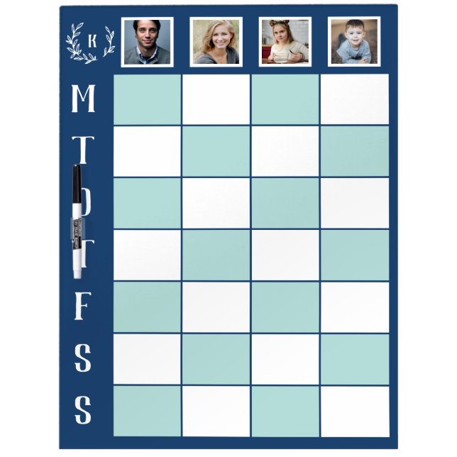 Monogrammed Blue White Four Family Weekly Schedule Dry Erase Board (Front)