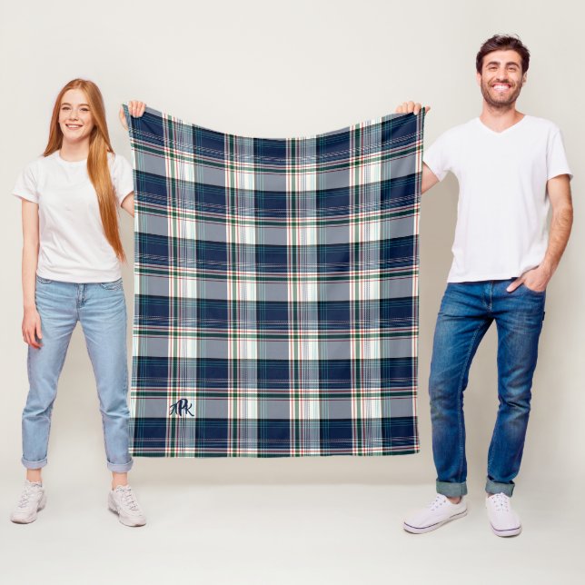 Monogrammed Blue & White Multi Thread Plaid Fleece Blanket (In Situ)