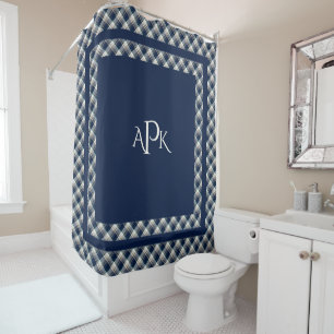Monogrammed Blue, White, Multi Thread Plaid Shower Curtain
