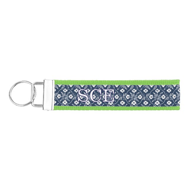 Monogrammed Blue & White Patterned Wrist Keychain (Keys on Left)
