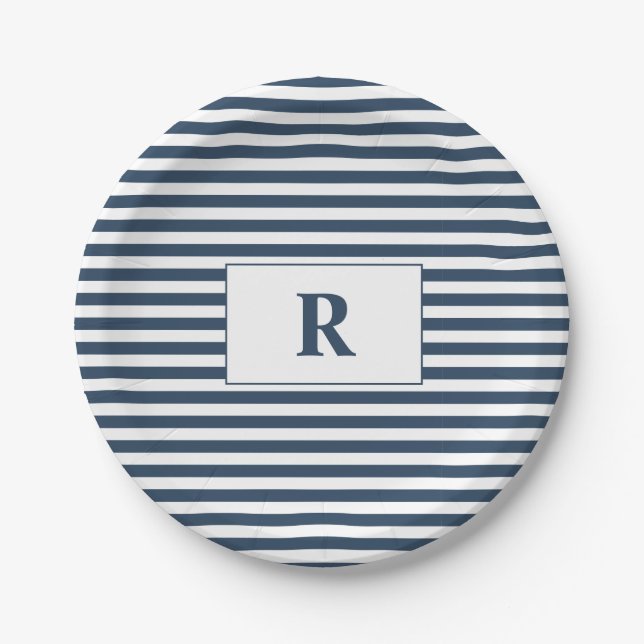 Monogrammed Blue/White Stripes Paper Plates (Front)