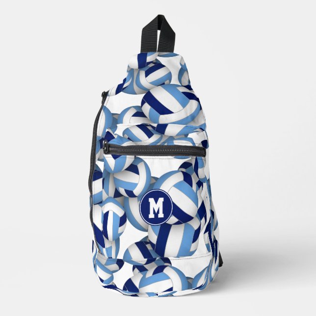 Monogrammed blue white volleyballs pattern  sling bag (Front)