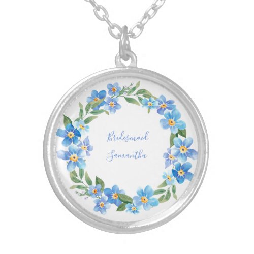 Monogrammed Blue Yellow Floral Wedding Party Gift  Silver Plated Necklace