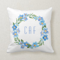 Monogrammed Blue Yellow Floral Wreath Throw Pillow
