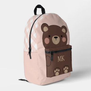 Monogrammed Blush Cute Brown Bear Kids Printed Backpack
