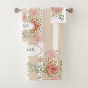 Monogrammed Blush Floral Victorian Watercolor Bath Towel Set