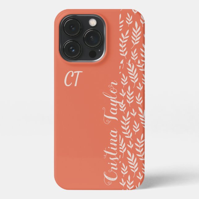 monogrammed Blush Leaf pattern on pink Stylish iPhone Case (Back)