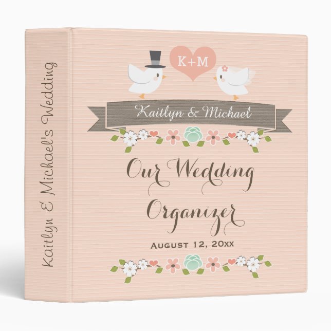 Monogrammed Blush Love Birds Dove Wedding Planner 3 Ring Binder (Front/Spine)