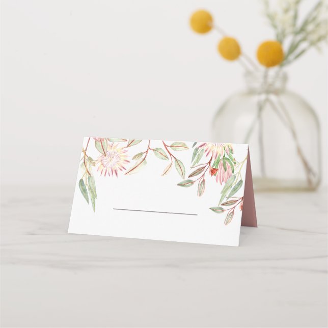 Monogrammed Blush Pink Australian Flowers Wedding Place Card (Front)