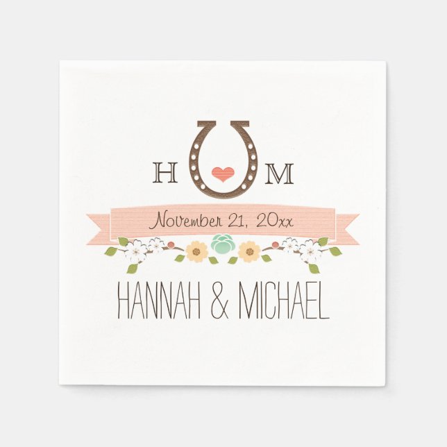 Monogrammed Blush Pink Horseshoe Heart Wedding Napkins (Front)