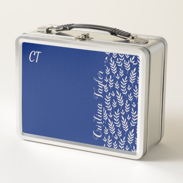 monogrammed Blush pink Leaf pattern on Blue Metal Lunch Box (Front)