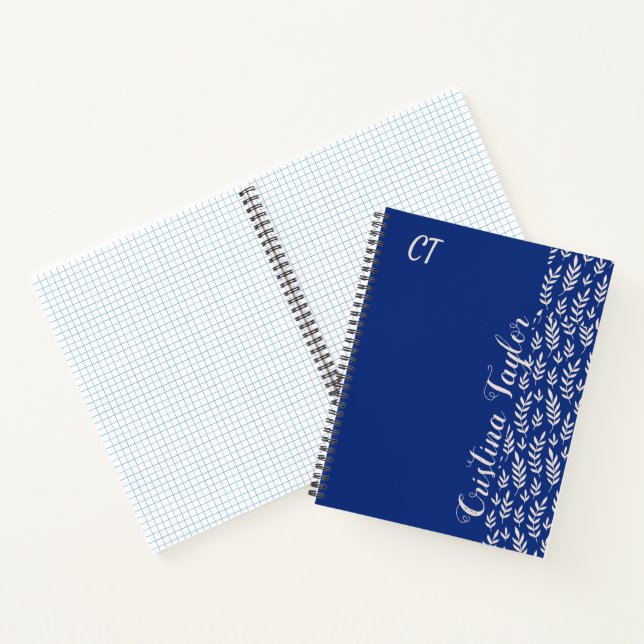 Monogrammed Blush pink Leaf pattern on Blue Notebook (Inside)