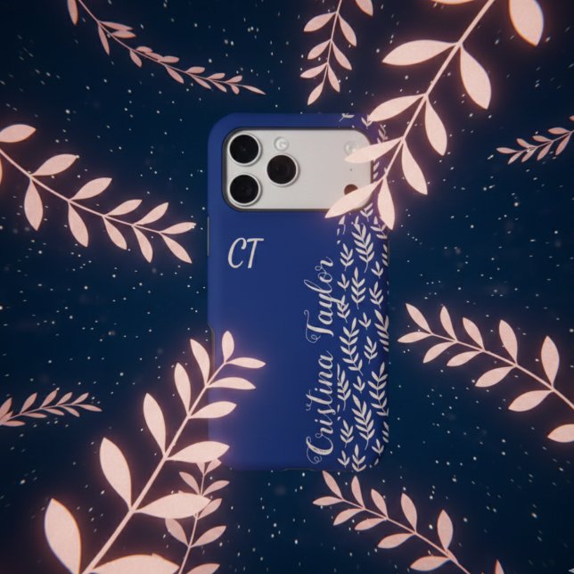 Monogrammed Blush Pink Leaf Pattern on Navy Blue iPhone Case (Creator Uploaded)