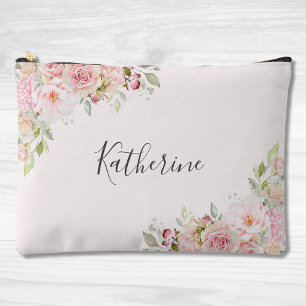 Monogrammed Blush Pink Rose Flower Floral Accessory Pouch