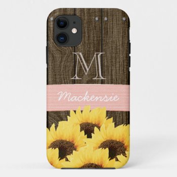 Monogrammed Blush Pink Rustic Sunflower Iphone 11 Case by cutecases at Zazzle