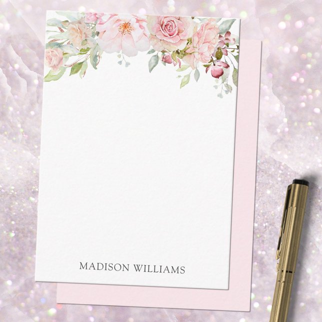 Monogrammed Blush Pink Watercolor Rose Flower Note Card (In situ)