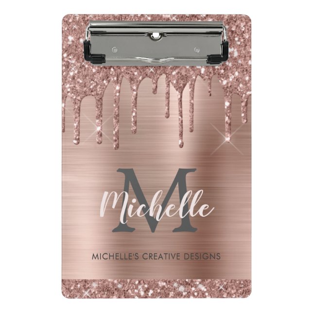 Monogrammed Blush Rose Gold Glitter Dripping Mini Clipboard (Front)