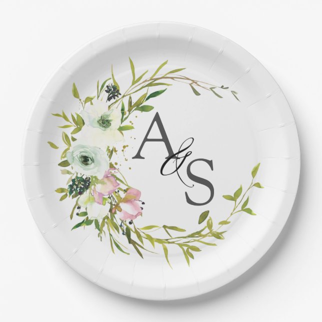Monogrammed Blush & White floral wreath Paper Plates (Front)