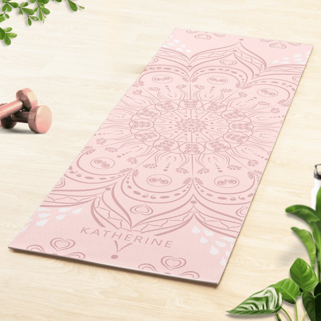 Monogrammed Boho Blush Pink Mandala Elegant Yoga Mat (Personalized Blush Pink Yoga Mat with Elegant Mandala Pattern)