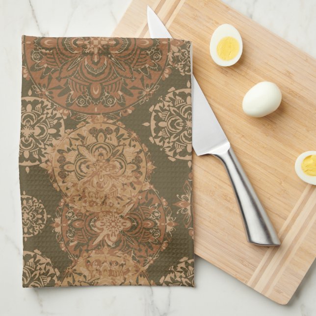 Monogrammed Boho Dark Rust Mandalas Kitchen Towel (Quarter Fold)