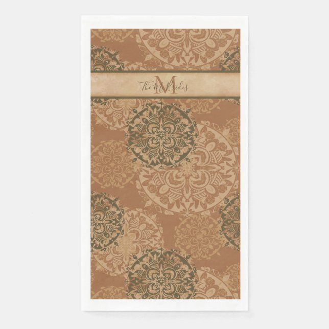 Monogrammed Boho Dark Rust Mandalas Paper Guest Towels (Front)