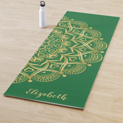 Monogrammed Boho Elegant Mandala Green and Gold Yoga Mat