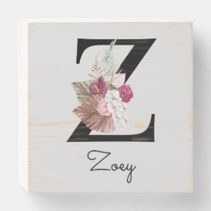 Monogrammed Boho Flowers Initial Z Wooden Box Sign