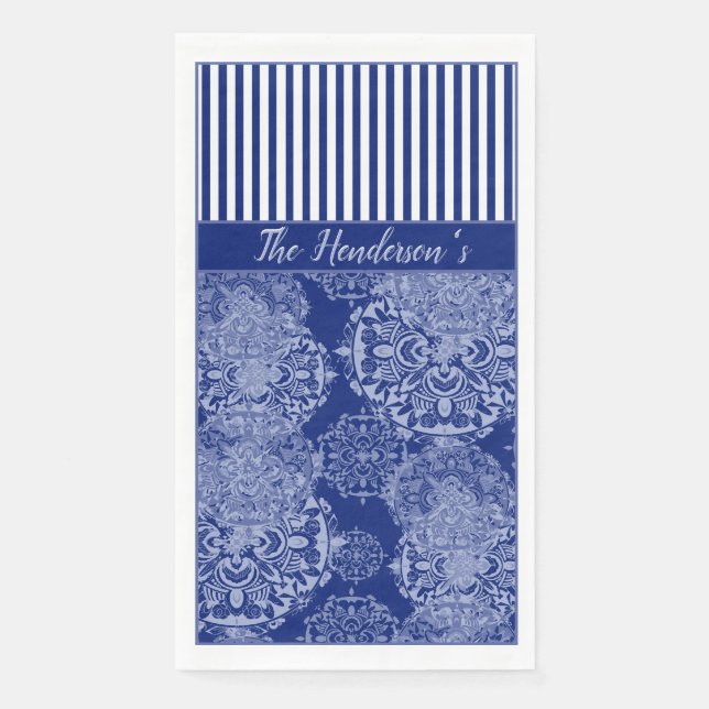 Monogrammed Boho Moody Blues Mandalas and Stripes Paper Guest Towels (Front)