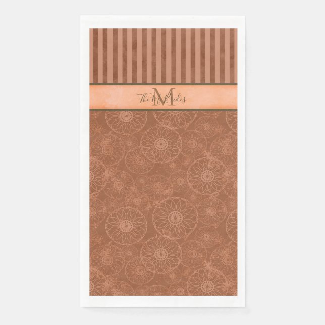 Monogrammed Boho Orange & Brown Geometric Stripe  Paper Guest Towels (Front)