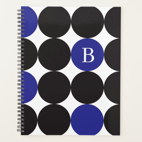 Monogrammed Bold Black Blue Dot Pattern Planner